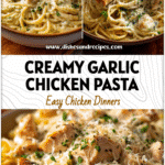 Bowl of creamy white sauce chicken pasta topped with Parmesan and herbs for a hearty dinner idea
